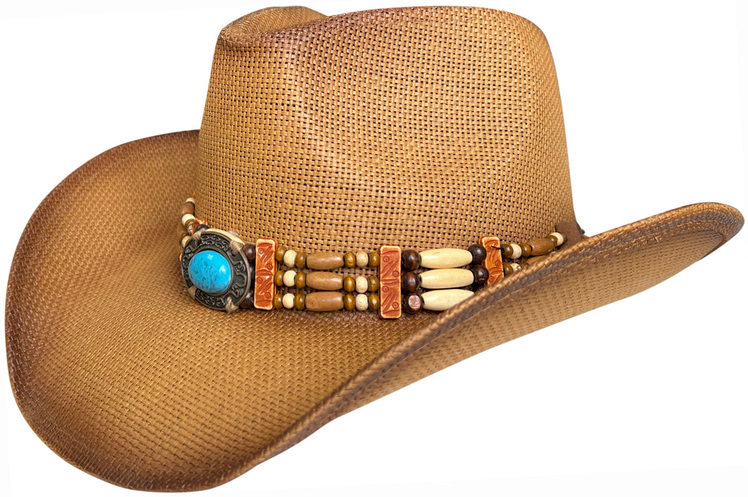 Brown cowboy hat with blue bead facing left.
