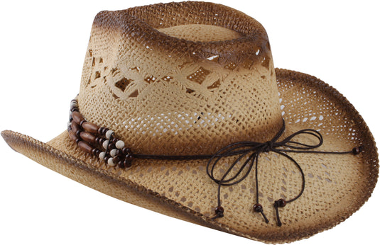 View of a beige cowboy hat with circular beads from behind facing left.