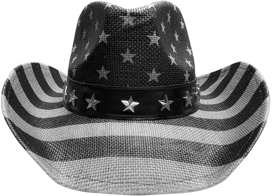 Black and white American flag cowboy hat facing front.