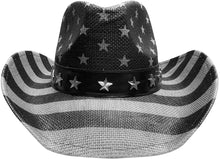 Load image into Gallery viewer, Black and white American flag cowboy hat facing front.
