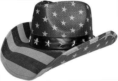 Black and white American flag cowboy hat facing left.