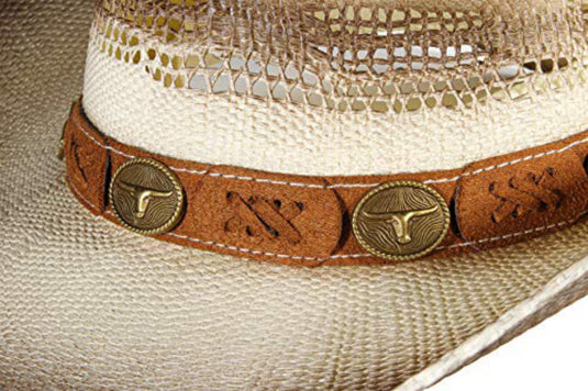 Close-up view of the band on a beige straw cowboy hat.