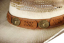 Load image into Gallery viewer, Close-up view of the band on a beige straw cowboy hat.
