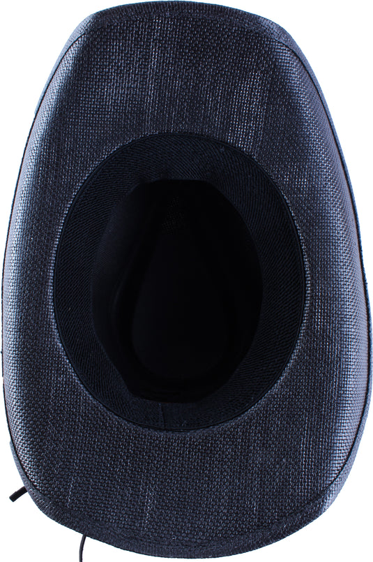 View of a black straw cowboy hat from the bottom.