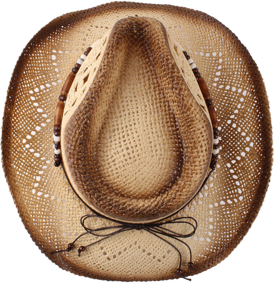 Top view of a beige cowboy hat with circular beads.