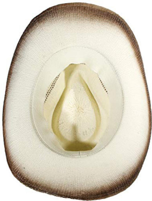 View of a beige straw cowboy hat from the bottom.