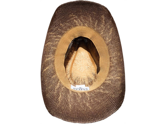 View of brown cowboy hat from the bottom.