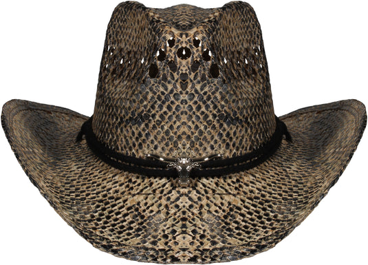 Brown straw cowboy hat facing front.