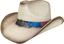 Load image into Gallery viewer, Straw cowboy hat with American flag band facing left.
