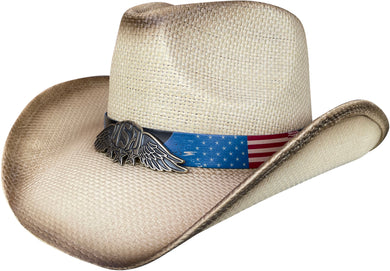 Straw cowboy hat with American flag band facing left.