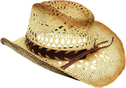 View of straw cowboy hat from behind facing left.