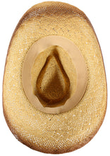 Load image into Gallery viewer, View of a straw cowboy hat with a red band from the bottom.
