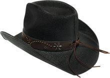 Load image into Gallery viewer, View of a black straw cowboy hat from behind facing left.
