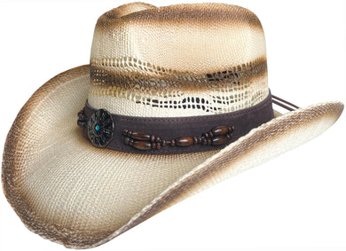Beige straw cowboy hat with circular bead facing left.