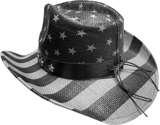 View of a black and white American flag cowboy hat from behind facing left.