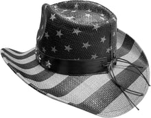 Load image into Gallery viewer, View of a black and white American flag cowboy hat from behind facing left.
