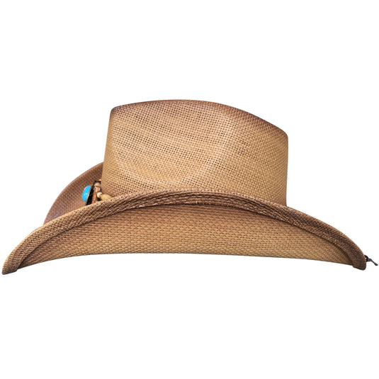 Side view of a brown cowboy hat with a blue bead.
