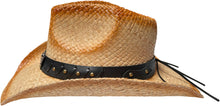 Load image into Gallery viewer, Side-view of a brown straw cowboy hat.
