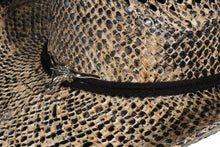 Load image into Gallery viewer, Close-up view of ornament on a brown straw cowboy hat.
