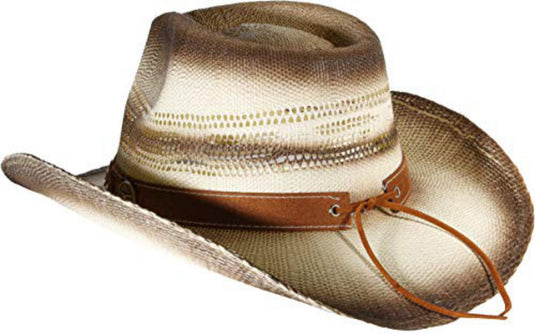 View of a beige sttraw cowboy hat from behind facing left.