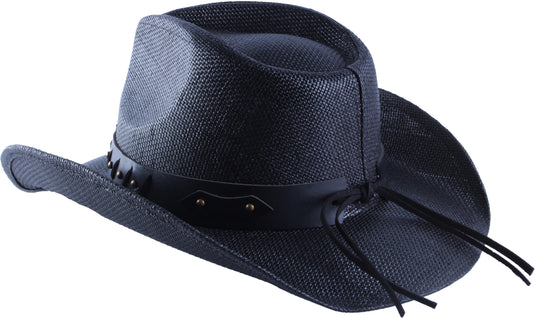View of a black straw cowboy hat from behind facing left.