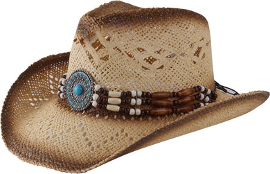 Beige cowboy hat with a circular bead facing left.