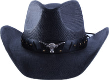 Load image into Gallery viewer, Black straw cowboy hat facing the front.
