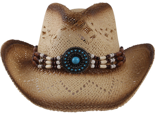 Beige cowboy hat with circular beads facing front.