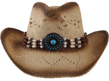 Load image into Gallery viewer, Beige cowboy hat with circular beads facing front.
