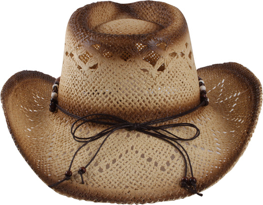 Beige cowboy hat with circular beads facing behind.
