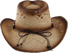 Load image into Gallery viewer, Beige cowboy hat with circular beads facing behind.
