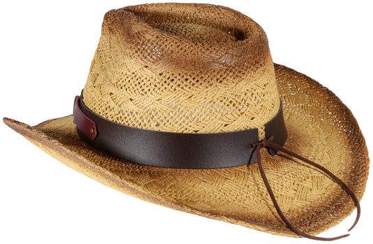 View of a straw cowboy hat with a red band from behind facing left.