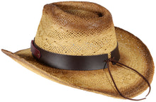 Load image into Gallery viewer, View of a straw cowboy hat with a red band from behind facing left.
