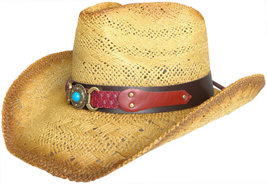 Straw cowboy hat with a red band facing left.