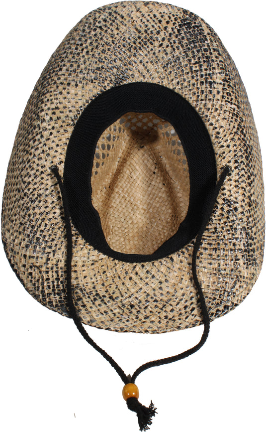 View of a brown straw cowboy hat from the bottom.
