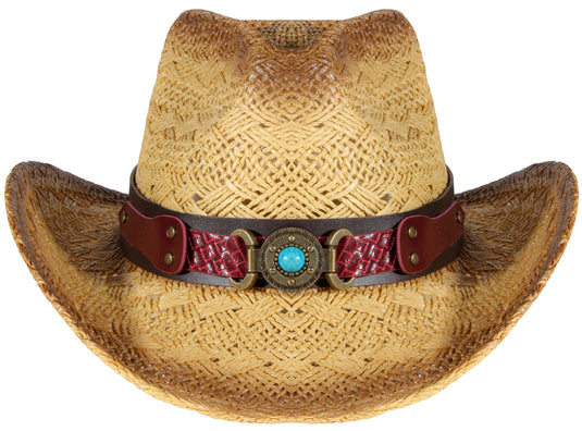 Straw cowboy hat with a red band facing front.