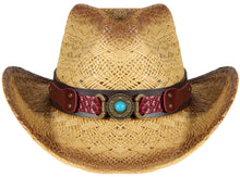 Load image into Gallery viewer, Straw cowboy hat with a red band facing front.

