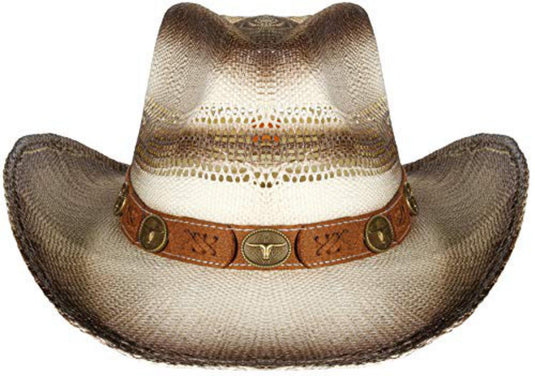 Beige straw cowboy hat facing front.