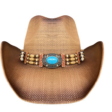 Load image into Gallery viewer, Brown cowboy hat with blue bead facing front.
