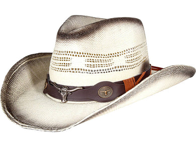 White cowboy hat with a  brown band facing left.