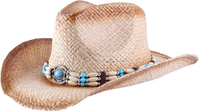 Straw cowboy hat with circular bead facing left.