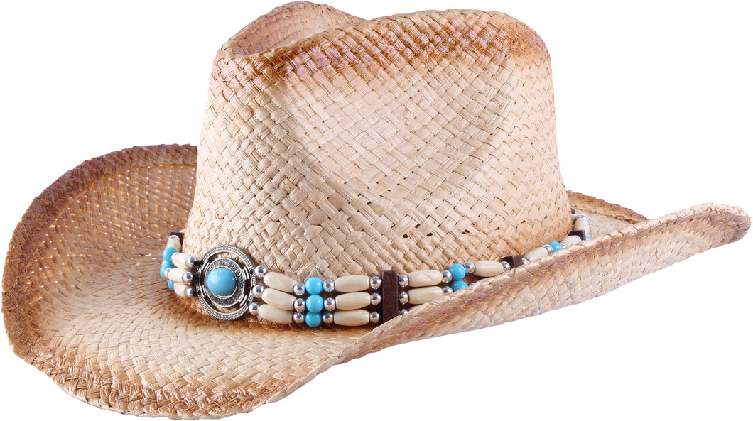 Straw cowboy hat with circular bead facing left.
