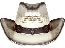 Load image into Gallery viewer, White straw cowboy hat with a brown band facing front.
